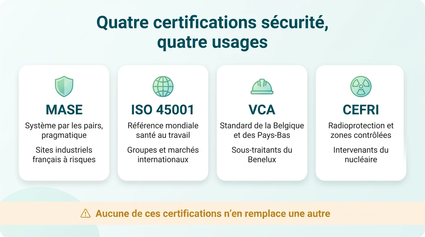 MASE, ISO 45001, VCA et CEFRI : à quoi sert chacune de ces quatre certifications sécurité