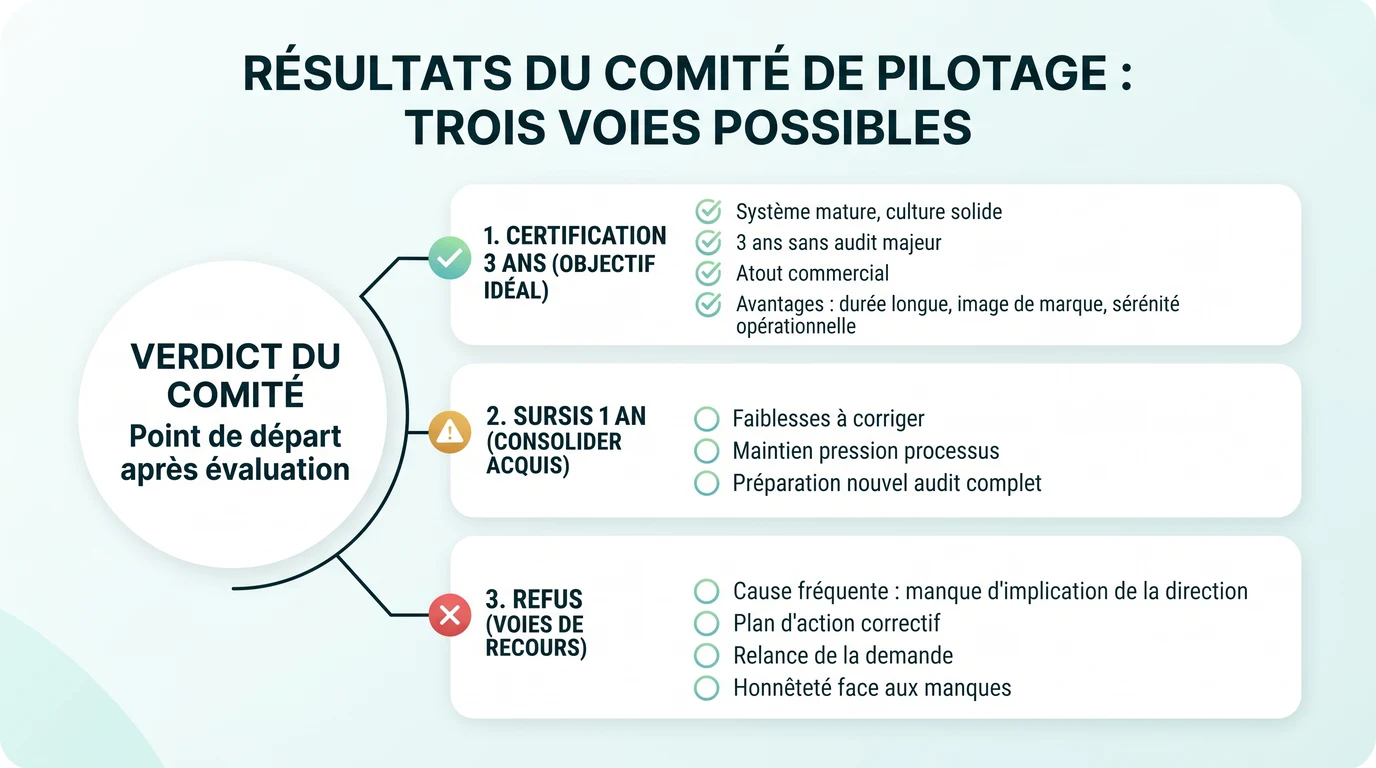 Les trois issues possibles après le comité de pilotage MASE : certification 3 ans, sursis 1 an ou refus