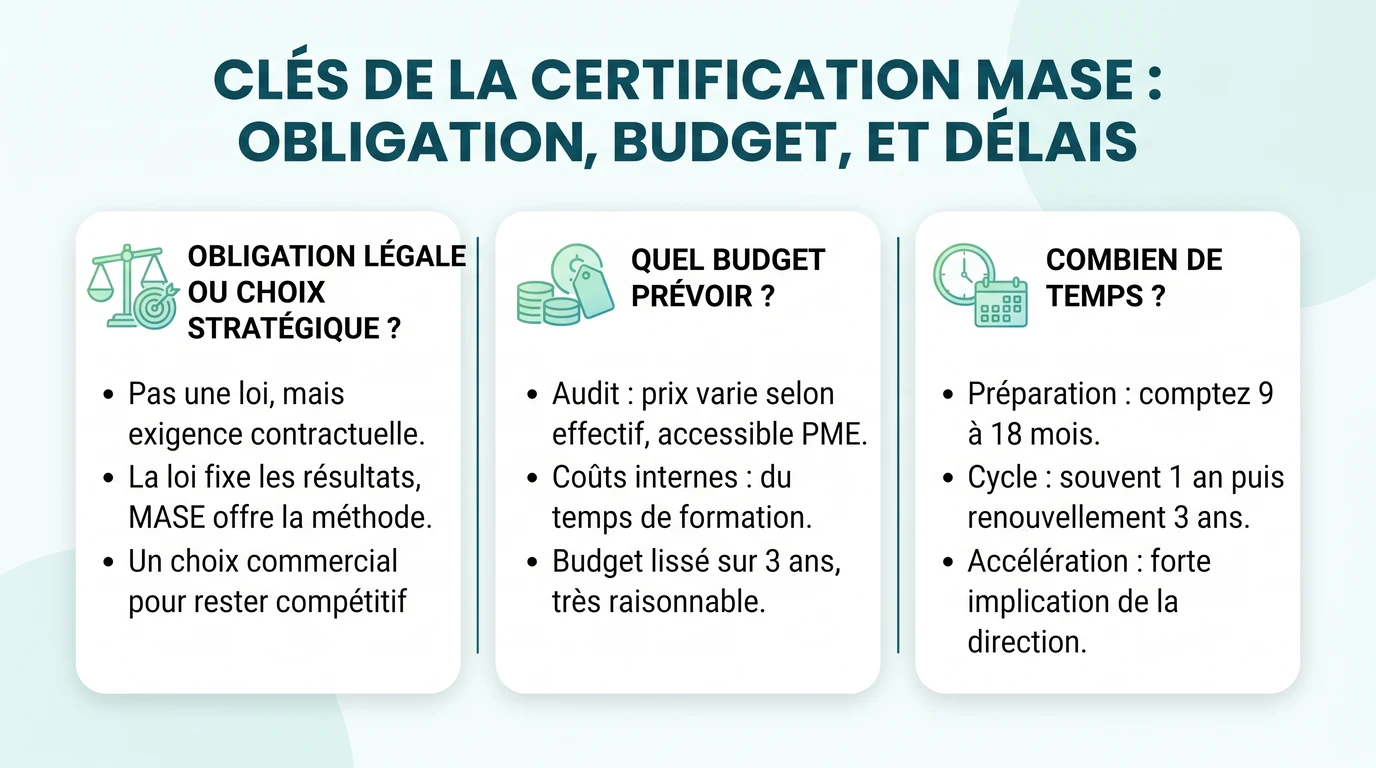 Obligation, budget et délais de la certification MASE : ce qu'il faut prévoir, dont 9 à 18 mois de préparation